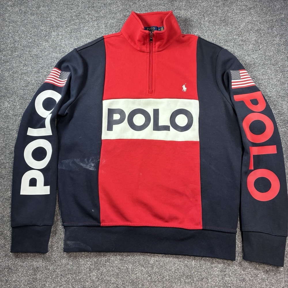 Polo Ralph Lauren 506823 USA Flag Spell Out Half Zip Sweatshirt Mens M Red Navy